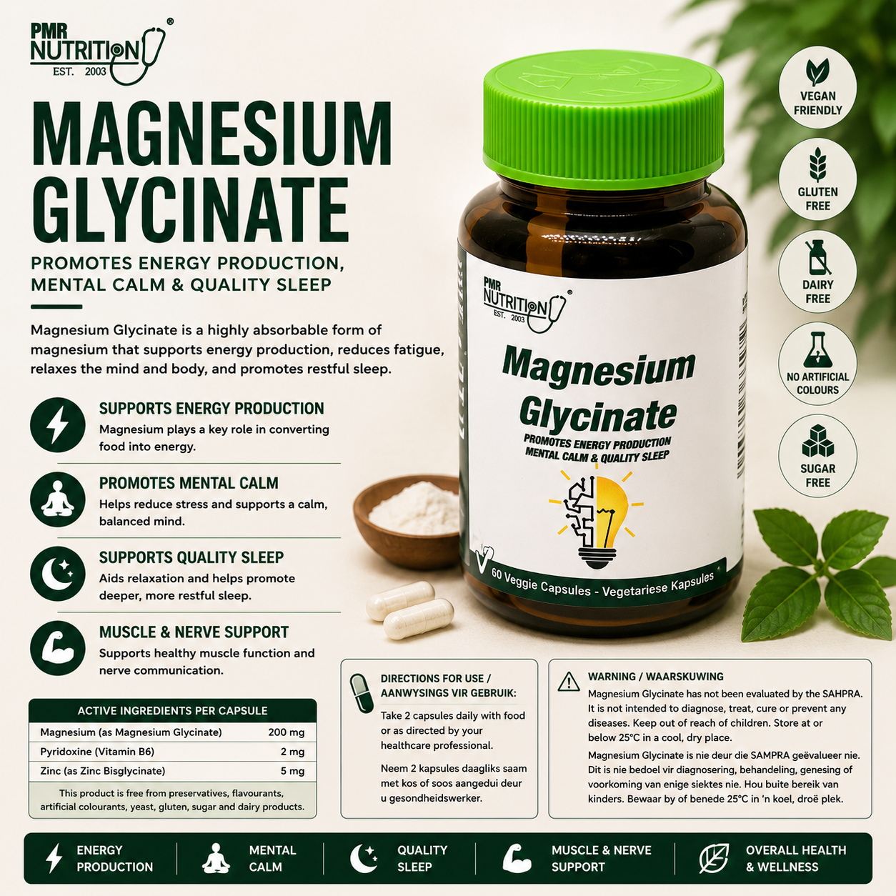 Magnesium Glycinate & P5P Capsules | Sleep, Energy & Mental Calm | Veggie Capsules | 60 Caps | PMR Nutrition - Image 2