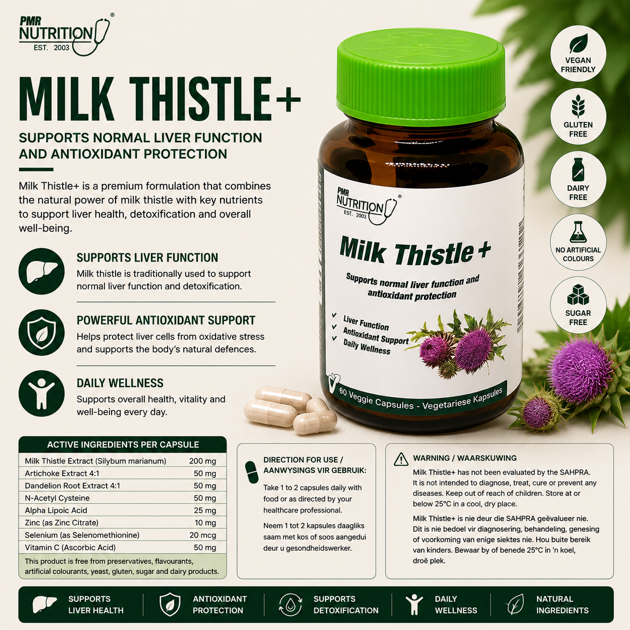 Milk Thistle Plus Liver Detox Supplement | Silymarin Antioxidant | Liver Repair & Digestion | 60 Capsules | PMR Nutrition - Image 2