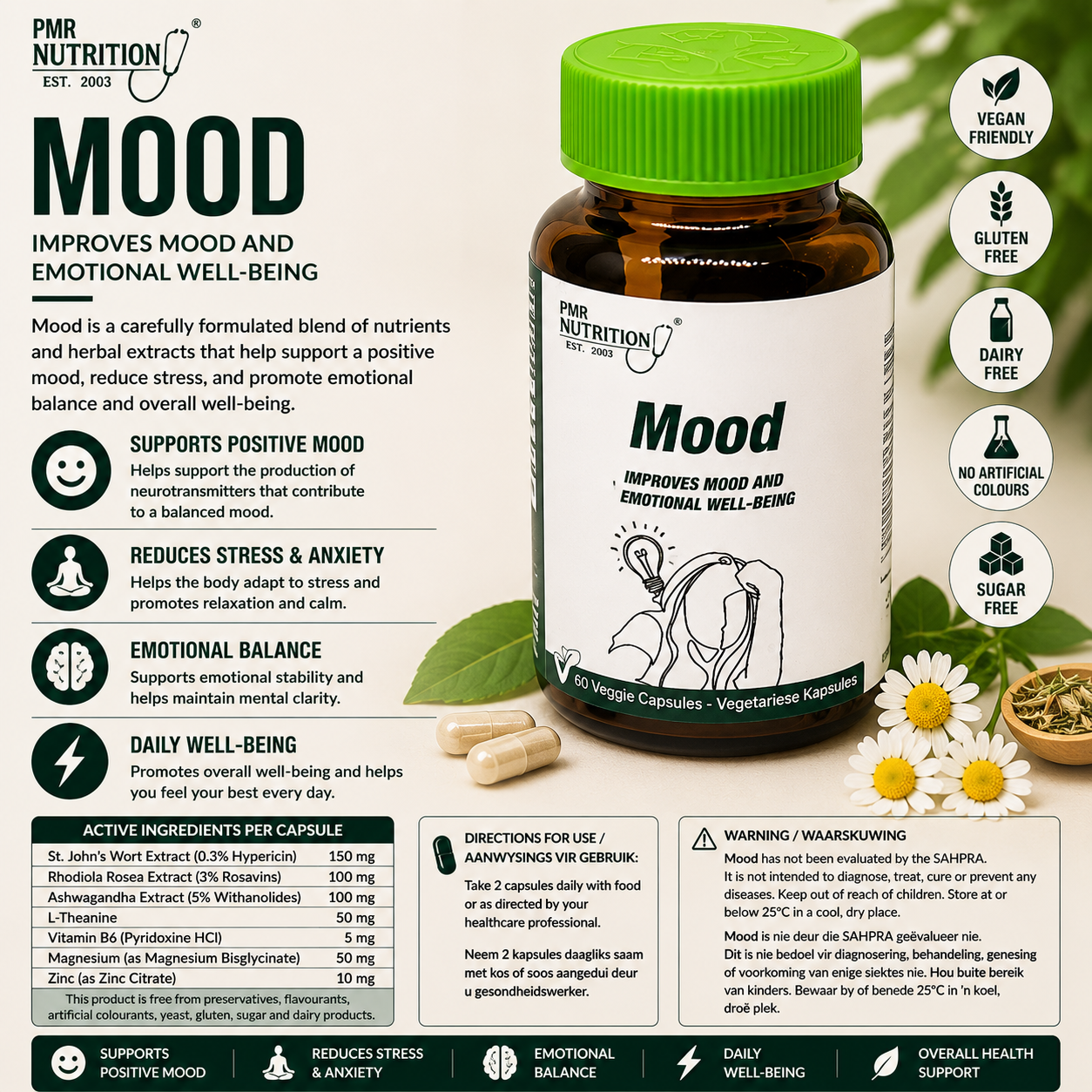 Natural Mood Support Supplement | Sceletium Tortuosum, L-Theanine & B Vitamins | Stress & Calm | 60 Capsules | PMR Nutrition - Image 2